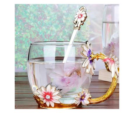 Ručno izrađena Mercaton šalica s emajlom Fleur-de-Lis, prozirna, otporna na toplinu, s poklopcem, žlicom i podmetačem, dizajn