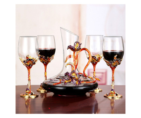 Set 5 piese Mercaton Fleur-de-Lis, Decantor Vin si 4 pahare Vintage, Lucrate Manual, 1500 / 350 ML