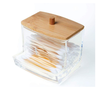 Cutie depozitare pentru betisoare de ureche, din plastic cu capac din lemn bambus, 9 x 7.5 cm