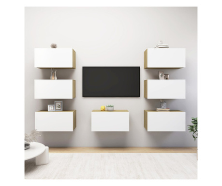 Comode TV, 7 buc., alb și stejar Sonoma, 30,5x30x60 cm, PAL