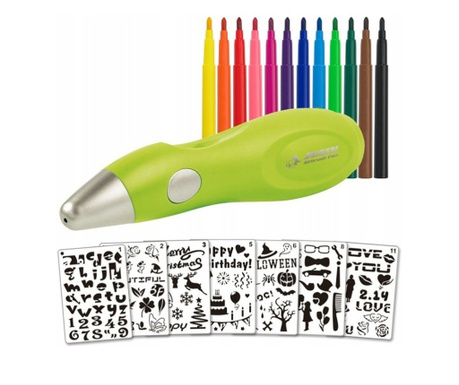 Creion aerograf cu 36 de markere colorate si 7 sabloane, Gonga® Verde