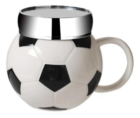 Cana din ceramica cu capac Pufo Love Play Football pentru cafea sau ceai, 350 ml, alb/negru