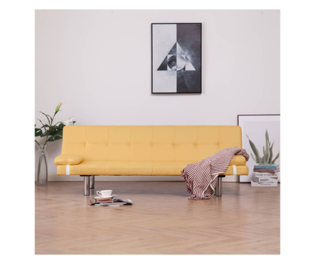 Разтегателен диван с две възглавници, жълт, полиестер