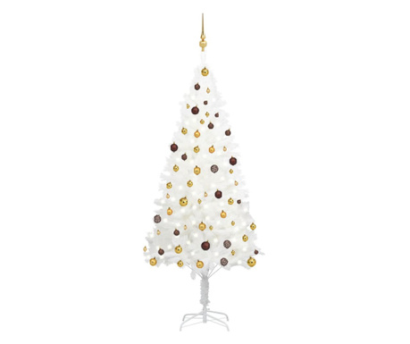 Mesterséges karácsonyfa szett LED-ekkel/földgömbökkel, fehér, 210 cm