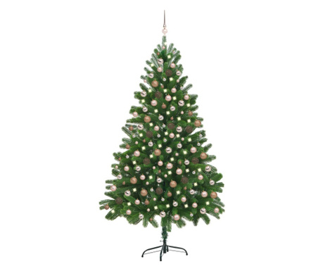 Mesterséges karácsonyfa készlet LED-ekkel/zöld gömbökkel 210 cm