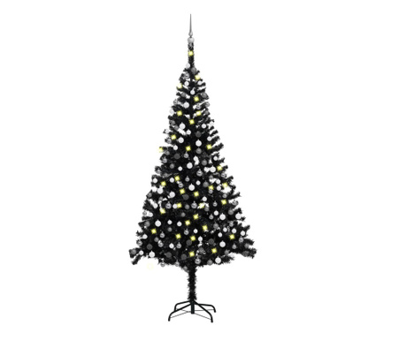 Mesterséges karácsonyfa szett LED-ekkel és fekete gömbökkel 240 cm PVC