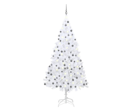 Mesterséges karácsonyfa LED-ekkel és földgömbökkel, fehér, 210 cm, PVC