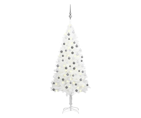 Mesterséges karácsonyfa készlet LED-ekkel/földgömbökkel, fehér, 150 cm
