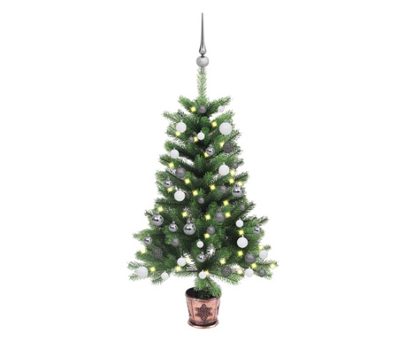 Brad Crăciun pre-iluminat artificial, set globuri, verde, 90 cm