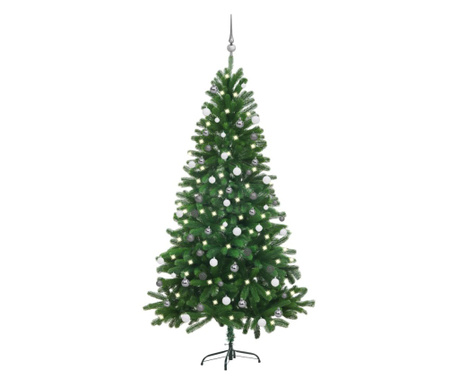 Mesterséges karácsonyfa LED-ekkel és földgömbökkel, zöld, 180 cm