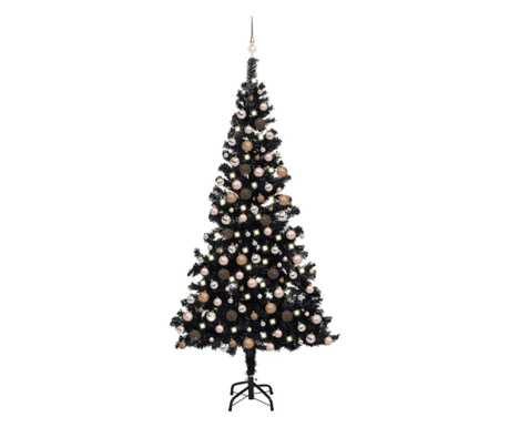 Изкуствена коледна елха със светодиоди и черни глобуси, 210 см PVC