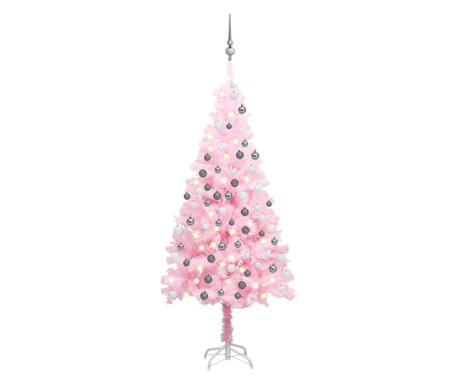 Изкуствена коледна елха със светодиоди/розови глобуси 150 см PVC
