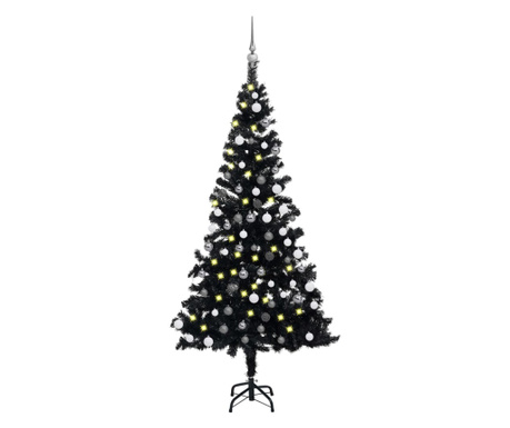 Изкуствена коледна елха светодиоди/глобуси черни 180 см PVC