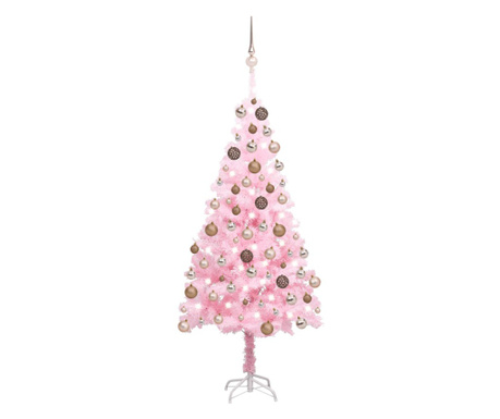 Изкуствена коледна елха със светодиоди/глобуси, розова, 120 см PVC