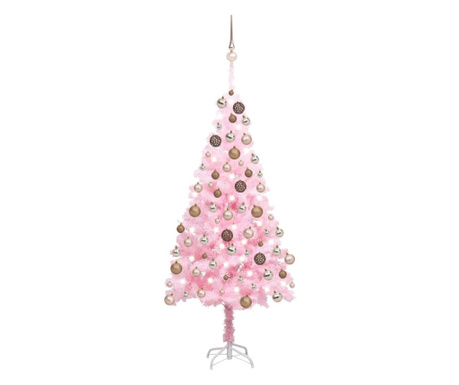 Изкуствена коледна елха със светодиоди/розови глобуси 180 см PVC