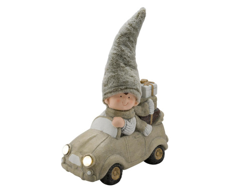 Kerámia LED-s karácsonyi figura fiú autóban 49 cm