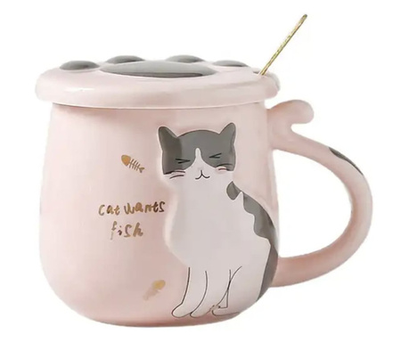 Чаша с керамичен капак и лъжица Pufo Sweet Kitty за кафе или чай, 300 мл, розова