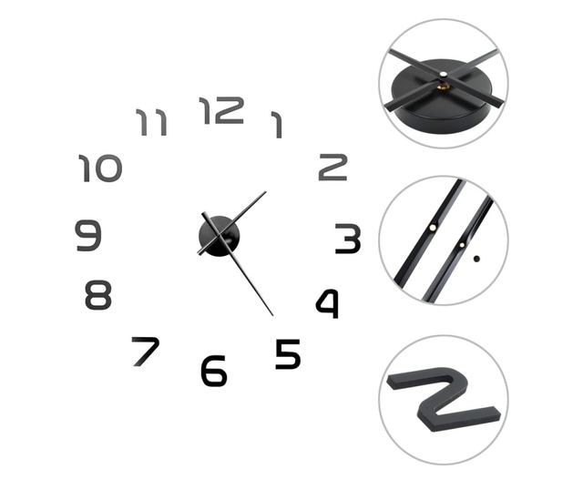 Ceas de perete 3D, negru, 100 cm, XXL, design modern