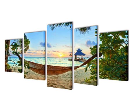 Zidne Slike na Platnu s Printom Plaže i Viseće Mreže 100 x 50 cm
