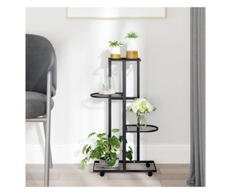 Suport de flori cu 4 etaje, cu roți, negru, 44x23x80 cm, fier