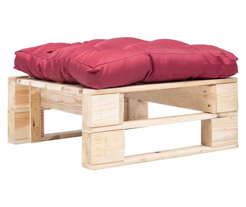 Garden Pallet Stool with Red Cushion, Natural Wood