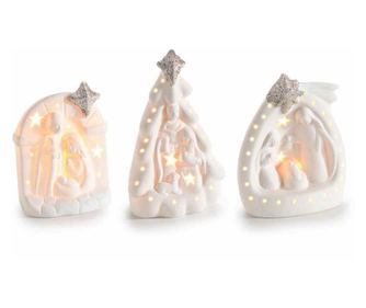 Komplet 3 okraskov za jaslice, bela in zlata porcelana z LED, 7,5x5,5x12 cm