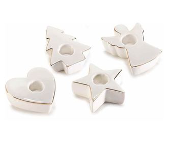 8 darabos karácsonyi gyertyatartó szett, fehér és arany porcelán, 6,5x8,5x3 cm