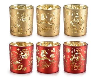 6 db karácsonyi gyertya szett piros arany üveg 7x8 cm
