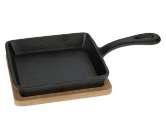 Tigaie servire tapas Excellent Houseware, fonta/bambus, 14x14x3.4 cm, negru/maro