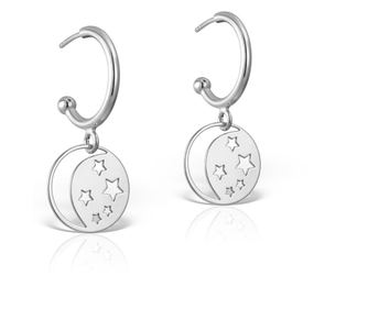 Cercei semicerc cu tija, banut cu semiluna si stelute decupate, argint 925 placat cu platina