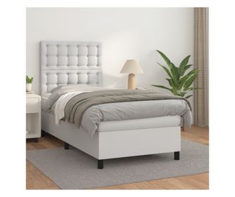 Кутия за легло с пружини и матрак, бяло, 100x200 см, изкуствена кожа