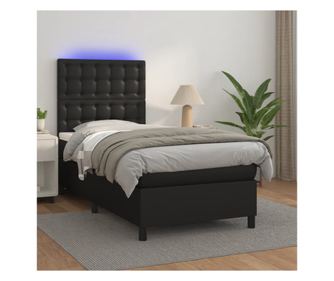 Легло с пружини, матрак и LED, черно, 90x190 см, еко кожа