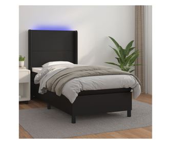 Легло с пружини, матрак и LED, черно, 90x190 см, еко кожа