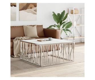 Stolić za kavu, srebrni, 100x100x50 cm, nehrđajući čelik/staklo