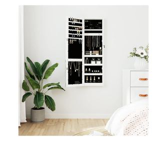 Ograda za nakit z ogledalom in LED lučmi, stenska, bela