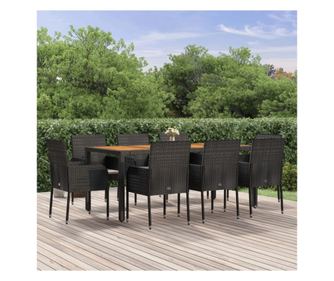 Set mobilier de grădină cu perne, 9 piese, negru, poliratan