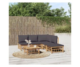 Stt szrke prnkkal elltott, 6 rszes bambusz kerti btor szett