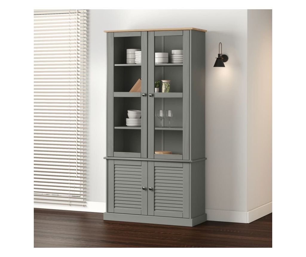 Vitrină de sticlă VIGO, gri, 85x35x170 cm, lemn masiv de pin