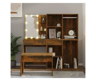 Set toaletnog stola s LED-om, dimljeni hrast, obrađeno drvo