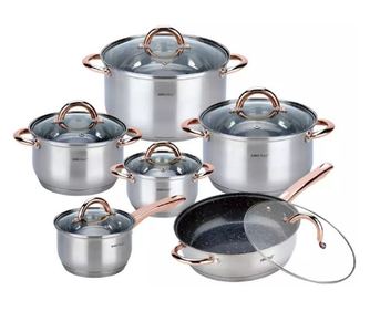 Set oale si tigaie KH 1766, 12 bucati, Tigaie cu marmura, Inductie, Inox / aur