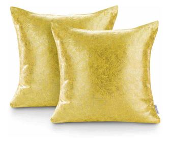 Set 2 huse pernute decorative imprimate metalic din piele de caprioara blackout Veras, 230 g/m2, 45 x 45 cm, galben