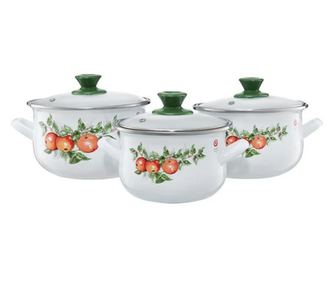 Set 3 oale emailate cu capac, 6 piese, model bombat, mere, EMALIA OLKUSZ
