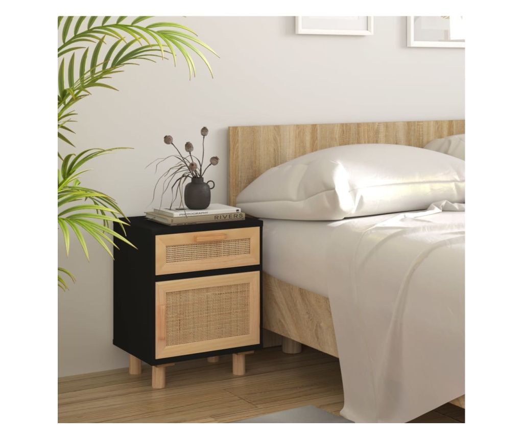 Noćni ormarić, crna, masivna borovina i prirodni ratan