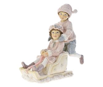 Decoratiune Craciun fetita si baietel pe sanie, culoare alba cu roz, inaltime 16 cm