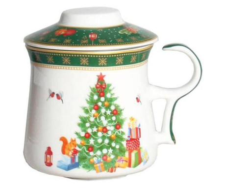 Fenyőfás karácsonyi porcelán teás bögre szűrővel tetővel