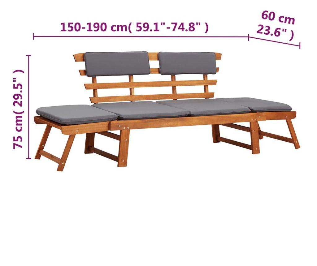 Vrtna klupa s jastucima 2-u-1, 190 cm, masivno drvo akacije - 9