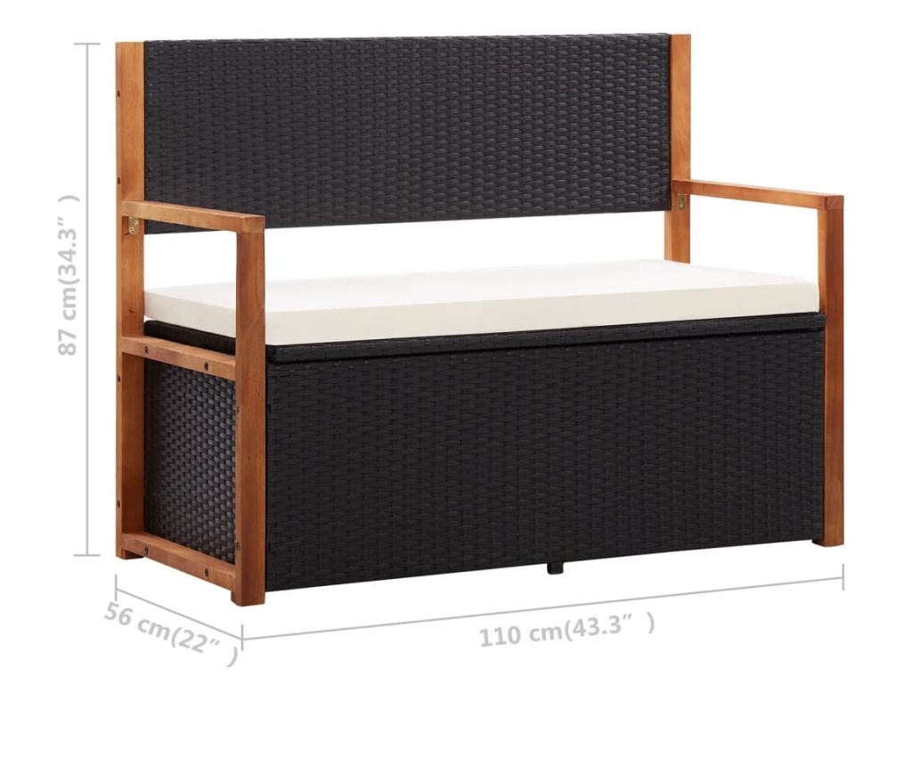 Skladišna klupa, crna, 110 cm, poliratan i akacijevo drvo - 9