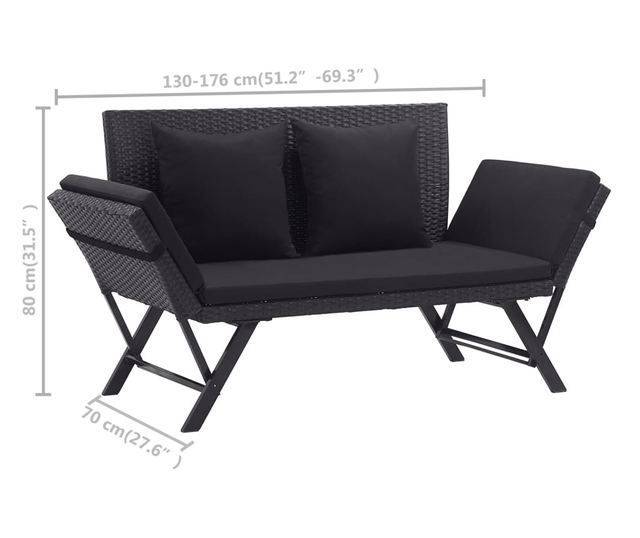 Vrtna klupa s jastucima, crna, 176 cm, poliratan