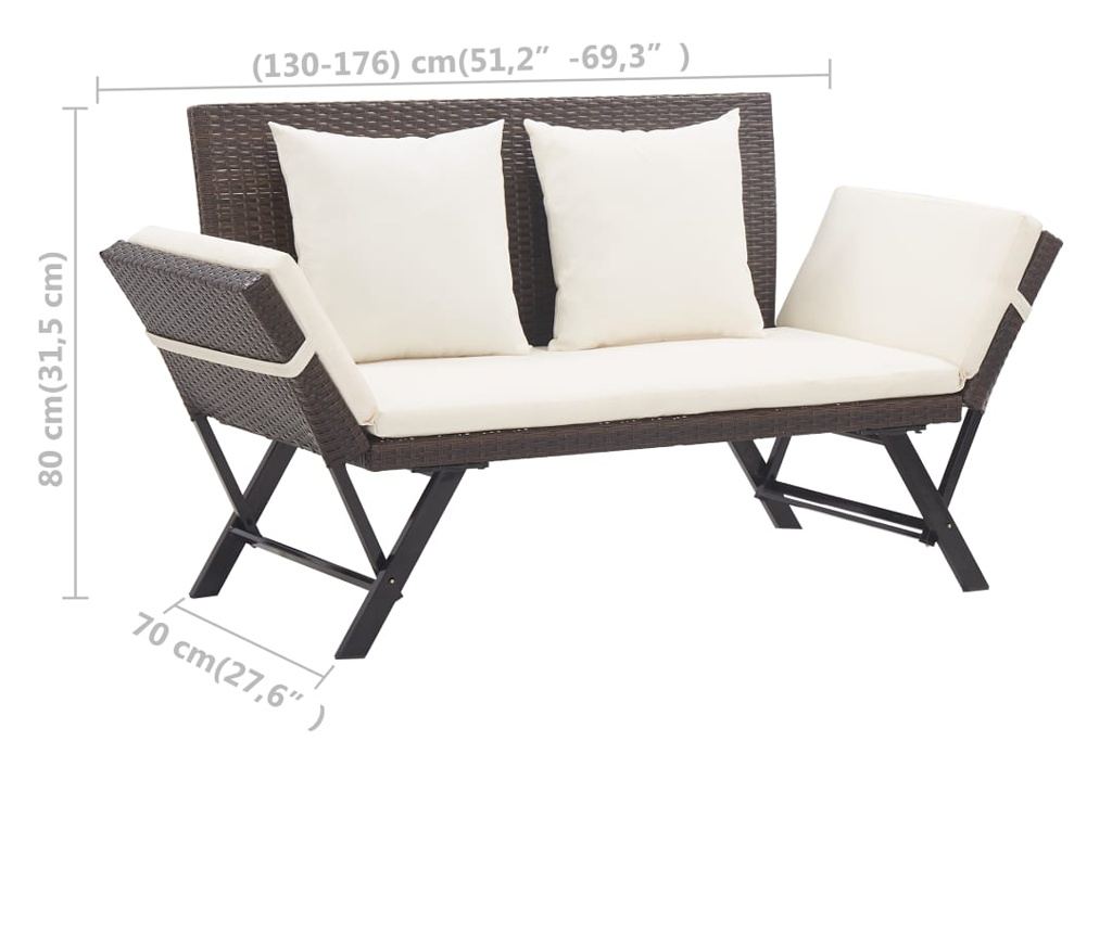 Vrtna klupa s jastucima, smeđa, 176 cm, poliratan - 10