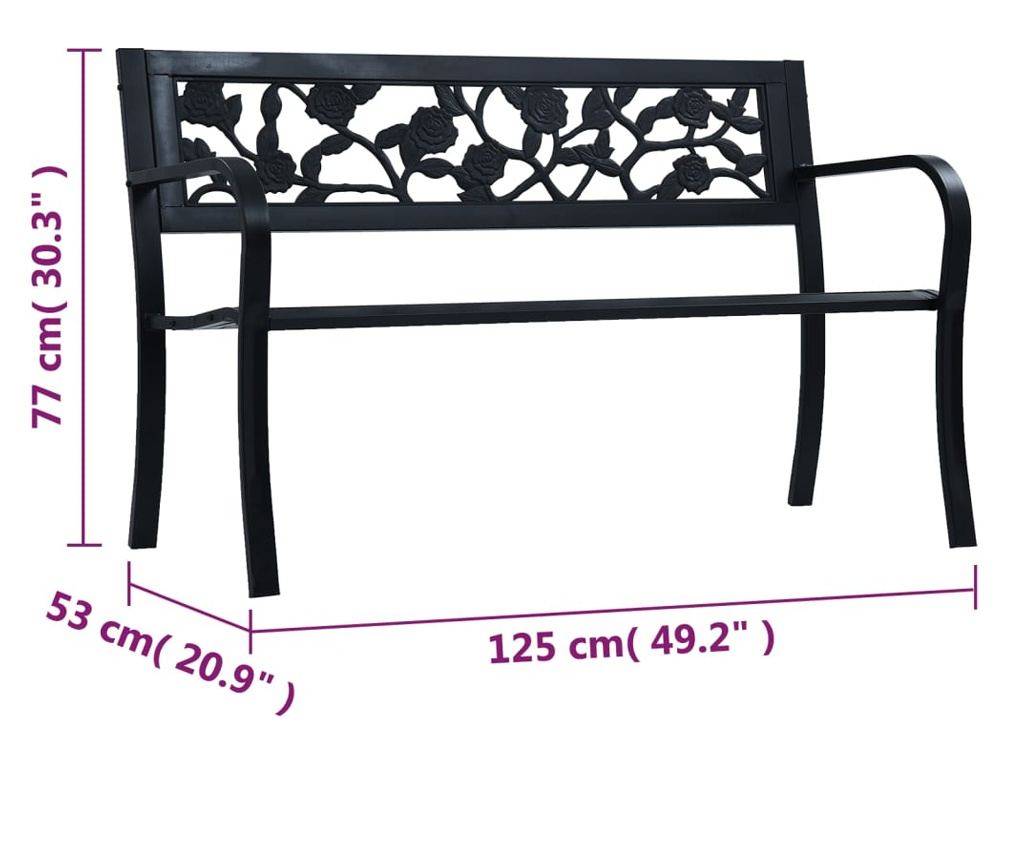 Vrtna klupa, crna, 125 cm, čelik - 7